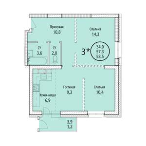 3-к квартира, строящийся дом, 58м2, 12/15 этаж