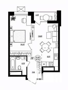 2-к квартира, строящийся дом, 43м2, 2/17 этаж