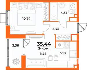 2-к квартира, вторичка, 35м2, 7/10 этаж