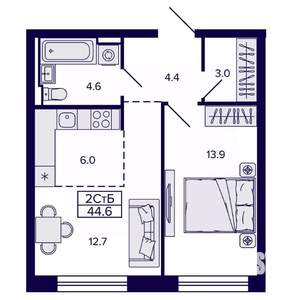 2-к квартира, строящийся дом, 45м2, 11/22 этаж