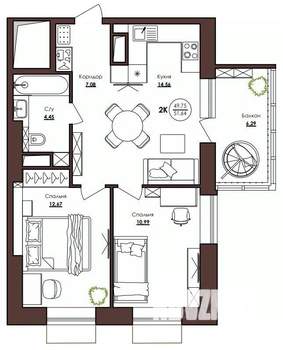 2-к квартира, вторичка, 52м2, 5/23 этаж