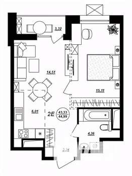 2-к квартира, строящийся дом, 45м2, 14/17 этаж