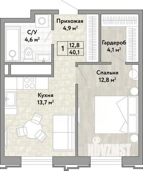 1-к квартира, вторичка, 40м2, 5/21 этаж