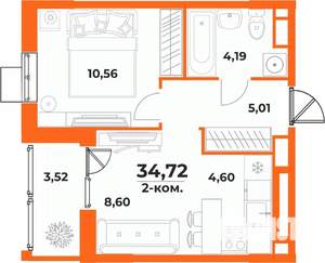2-к квартира, вторичка, 35м2, 2/10 этаж