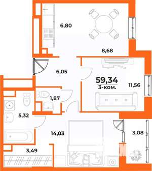 3-к квартира, вторичка, 59м2, 1/10 этаж