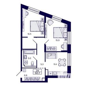 2-к квартира, вторичка, 61м2, 22/30 этаж