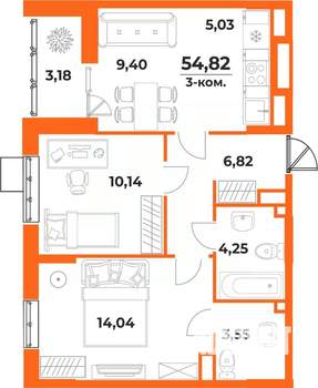 3-к квартира, вторичка, 55м2, 2/10 этаж