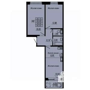 3-к квартира, строящийся дом, 59м2, 6/10 этаж