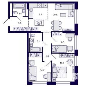 4-к квартира, строящийся дом, 81м2, 17/22 этаж