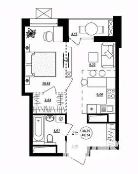 2-к квартира, строящийся дом, 40м2, 6/17 этаж