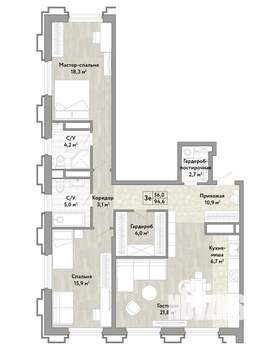 3-к квартира, строящийся дом, 95м2, 14/21 этаж
