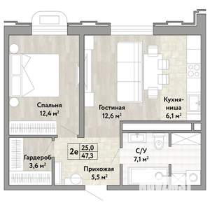 2-к квартира, строящийся дом, 47м2, 19/21 этаж