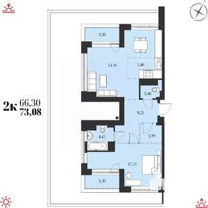 2-к квартира, строящийся дом, 73м2, 15/19 этаж