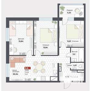 3-к квартира, строящийся дом, 75м2, 17/19 этаж