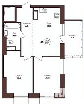 2-к квартира, строящийся дом, 52м2, 3/23 этаж
