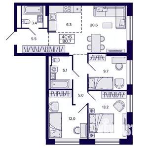 4-к квартира, вторичка, 81м2, 8/22 этаж