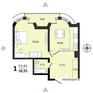 1-к квартира, вторичка, 59м2, 12/25 этаж