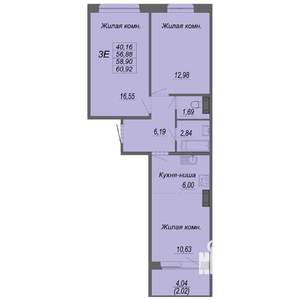 3-к квартира, строящийся дом, 59м2, 1/10 этаж