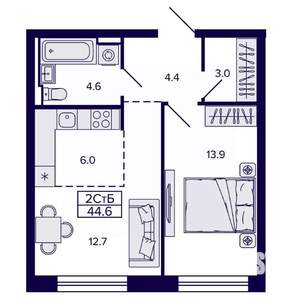 2-к квартира, строящийся дом, 45м2, 2/22 этаж