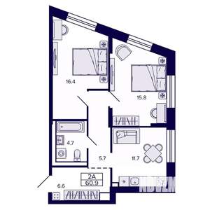 2-к квартира, строящийся дом, 61м2, 13/30 этаж
