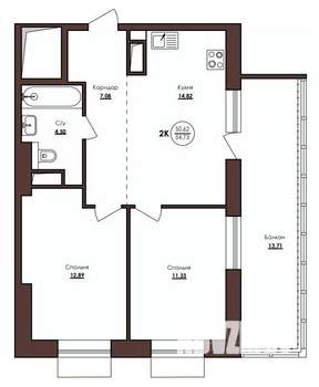 2-к квартира, вторичка, 54м2, 13/23 этаж