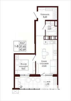 1-к квартира, вторичка, 43м2, 17/19 этаж