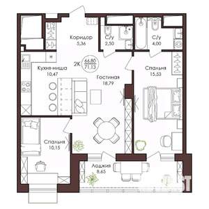 2-к квартира, вторичка, 71м2, 20/23 этаж