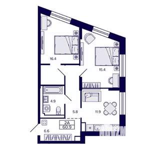 2-к квартира, строящийся дом, 61м2, 18/30 этаж