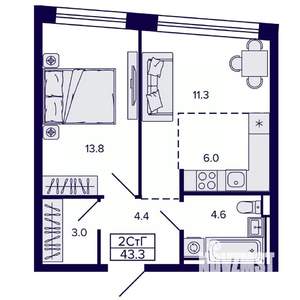 2-к квартира, строящийся дом, 43м2, 19/22 этаж
