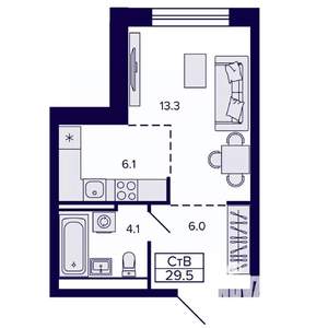 1-к квартира, строящийся дом, 30м2, 13/22 этаж