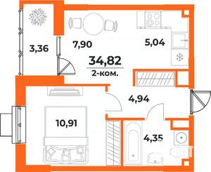 2-к квартира, вторичка, 35м2, 4/10 этаж