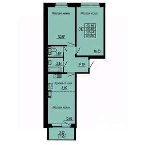 3-к квартира, строящийся дом, 59м2, 6/10 этаж