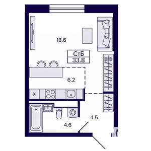 1-к квартира, строящийся дом, 34м2, 6/22 этаж