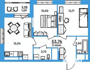 2-к квартира, вторичка, 54м2, 12/17 этаж