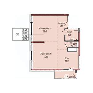2-к квартира, строящийся дом, 61м2, 17/25 этаж