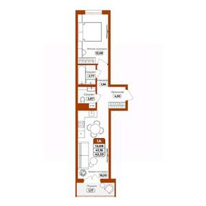 1-к квартира, вторичка, 42м2, 3/12 этаж