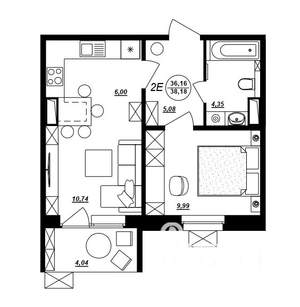 2-к квартира, строящийся дом, 38м2, 6/10 этаж