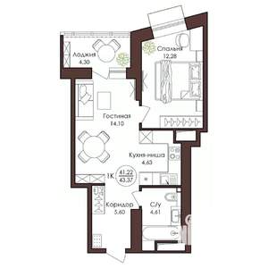 1-к квартира, вторичка, 43м2, 3/23 этаж