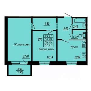 2-к квартира, строящийся дом, 55м2, 7/10 этаж