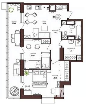 2-к квартира, строящийся дом, 70м2, 7/23 этаж