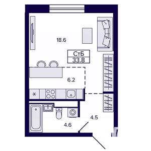 1-к квартира, строящийся дом, 34м2, 2/22 этаж