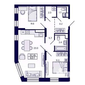 3-к квартира, строящийся дом, 63м2, 21/30 этаж