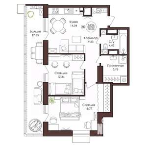 2-к квартира, вторичка, 70м2, 14/23 этаж