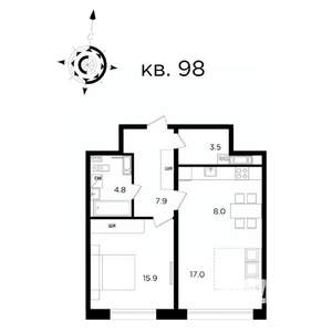 2-к квартира, вторичка, 57м2, 21/22 этаж