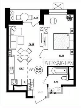 2-к квартира, строящийся дом, 45м2, 10/17 этаж
