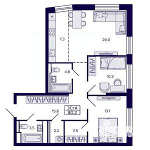 3-к квартира, строящийся дом, 80м2, 13/22 этаж