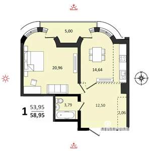 1-к квартира, вторичка, 59м2, 11/25 этаж