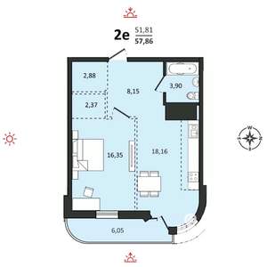 2-к квартира, строящийся дом, 58м2, 18/25 этаж