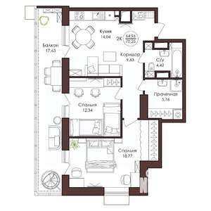 2-к квартира, вторичка, 70м2, 11/23 этаж