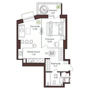 1-к квартира, вторичка, 44м2, 14/23 этаж